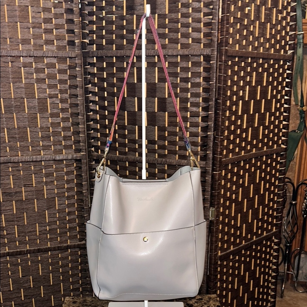Bostanten Gray Leather Shoulder Bag, HOBO, Bucket bag, with colorful strap